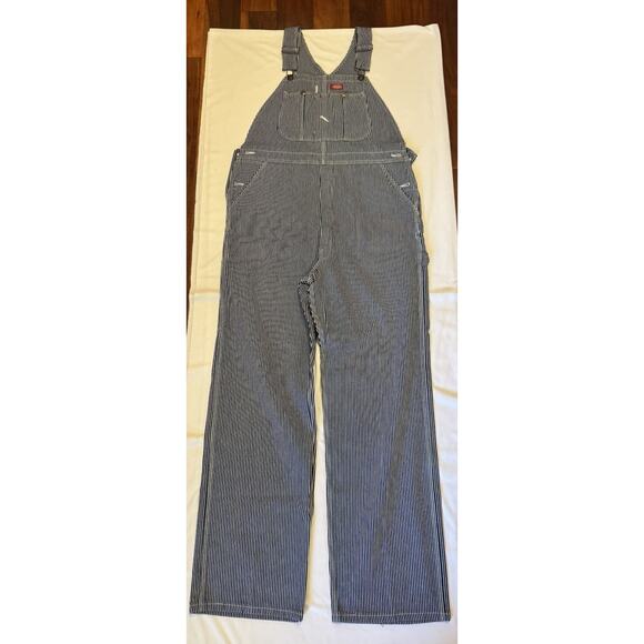Adult Unisex Dickies Pinstripe Bid Blue Denim Overalls Size 38 X 34 - Picture 1 of 7